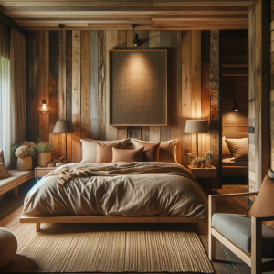 A bedroom with rustic charm, highlighting natural textures like wood and stone. The room should feature a comfortable bed with warm, earthy-toned line