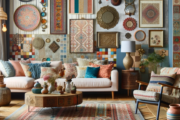 An eclectic living space showcasing a blend of different styles and patterns. The room should feature a mix of colorful and patterned textiles, unique