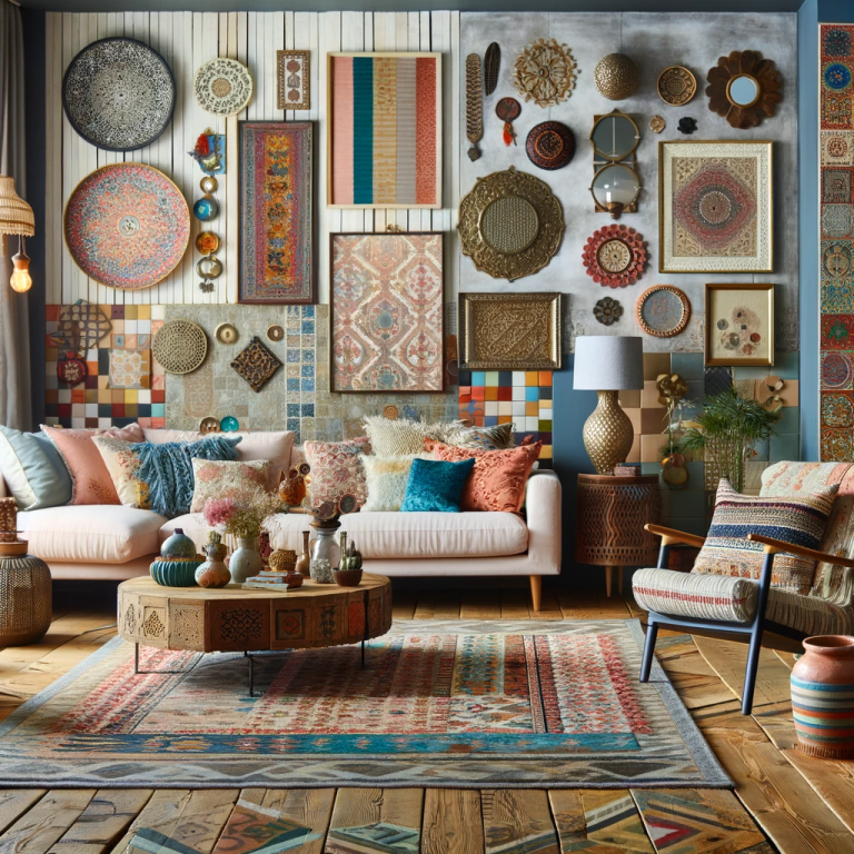 An eclectic living space showcasing a blend of different styles and patterns. The room should feature a mix of colorful and patterned textiles, unique