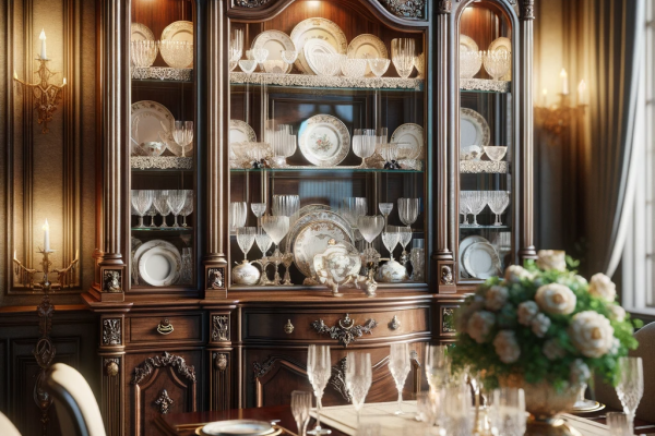 An elegant dining room with a focus on a fine china hutch. The hutch is crafted from dark, polished wood with glass doors showcasing neatly arranged c