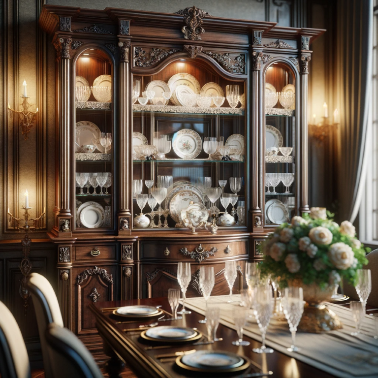 An elegant dining room with a focus on a fine china hutch. The hutch is crafted from dark, polished wood with glass doors showcasing neatly arranged c